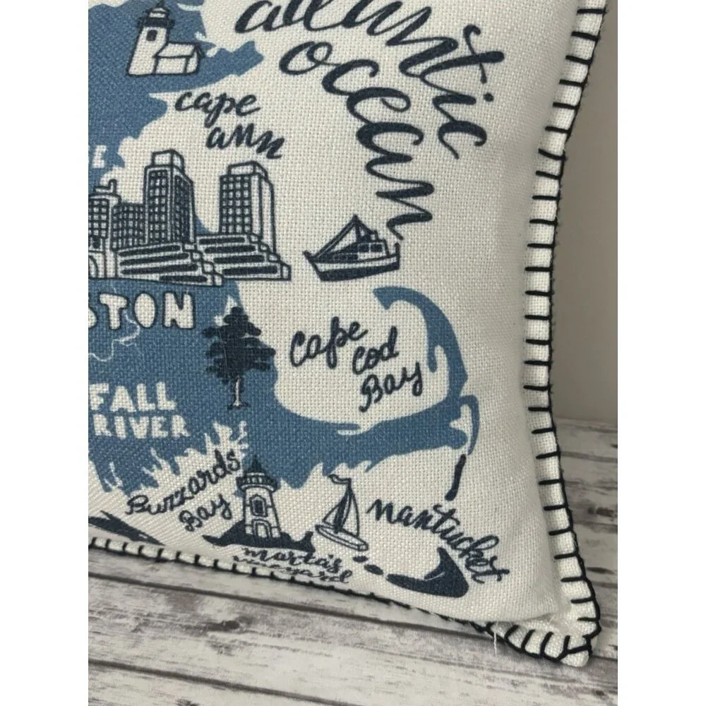 Massachusetts Map Decorative Pillow Rectangle Cotton Throw 20x13” Cape Cod Blue